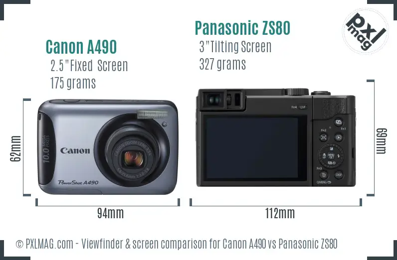 Canon A490 vs Panasonic ZS80 Screen and Viewfinder comparison
