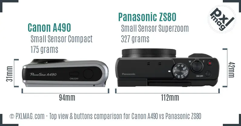 Canon A490 vs Panasonic ZS80 top view buttons comparison