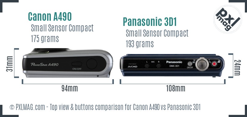 Canon A490 vs Panasonic 3D1 top view buttons comparison