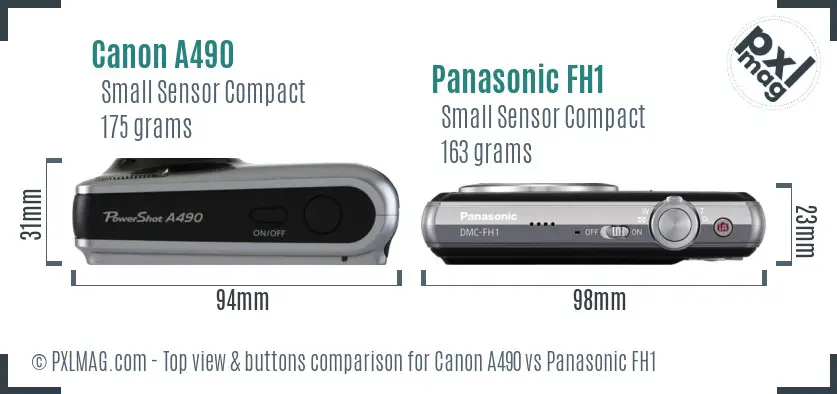 Canon A490 vs Panasonic FH1 top view buttons comparison