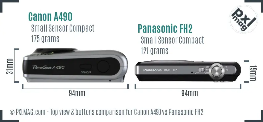 Canon A490 vs Panasonic FH2 top view buttons comparison Canon A490 vs Panasonic FH2 top view buttons comparison