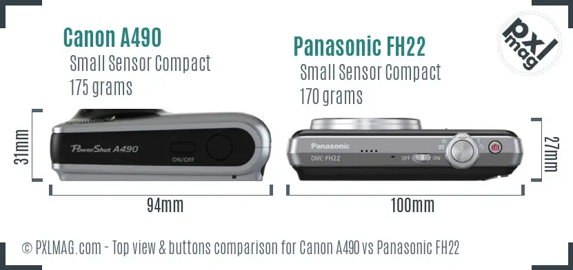 Canon A490 vs Panasonic FH22 top view buttons comparison