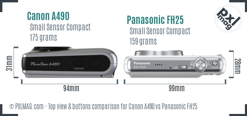 Canon A490 vs Panasonic FH25 top view buttons comparison