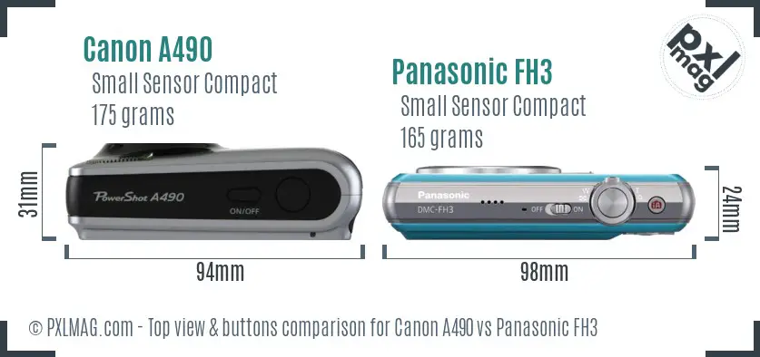 Canon A490 vs Panasonic FH3 top view buttons comparison Canon A490 vs Panasonic FH3 top view buttons comparison