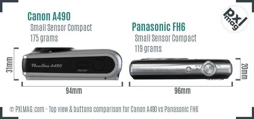 Canon A490 vs Panasonic FH6 top view buttons comparison