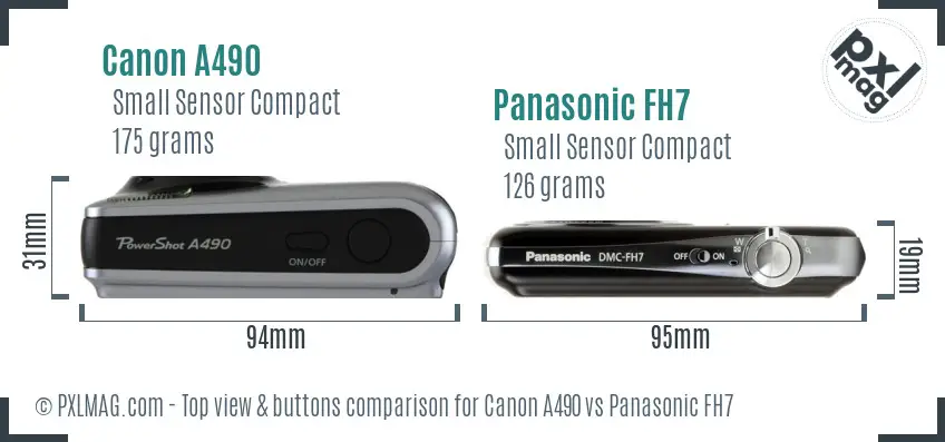 Canon A490 vs Panasonic FH7 top view buttons comparison