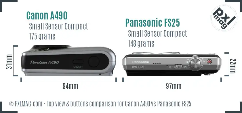 Canon A490 vs Panasonic FS25 top view buttons comparison