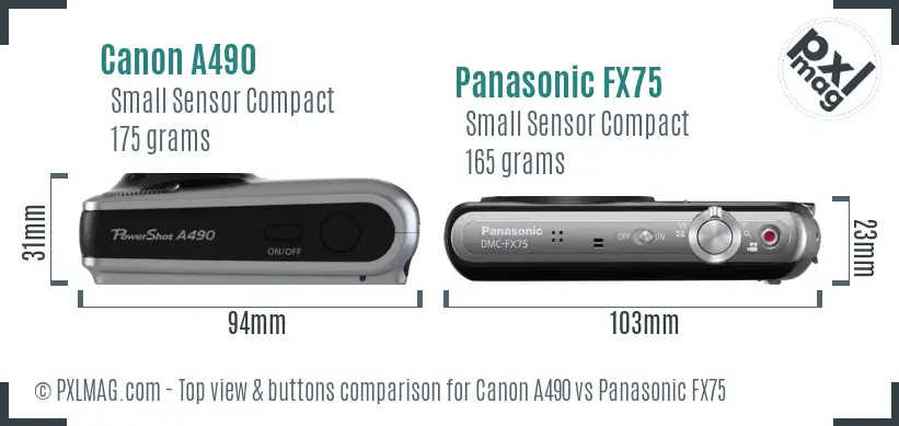 Canon A490 vs Panasonic FX75 top view buttons comparison