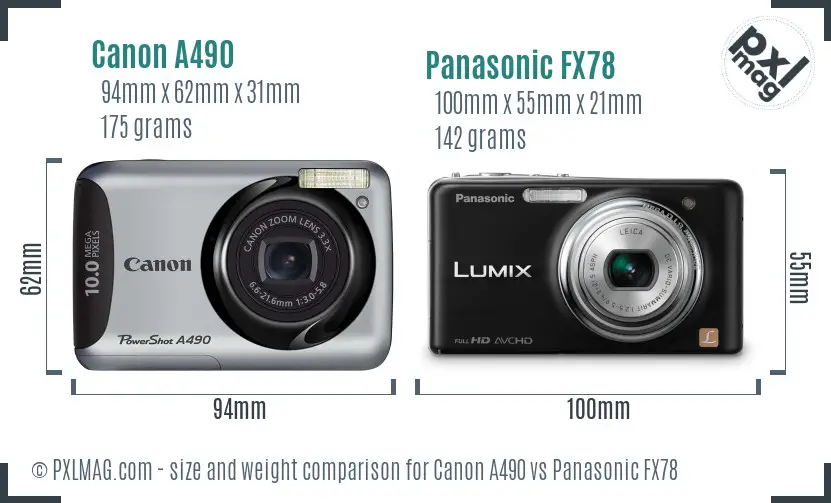 Canon A490 vs Panasonic FX78 size comparison