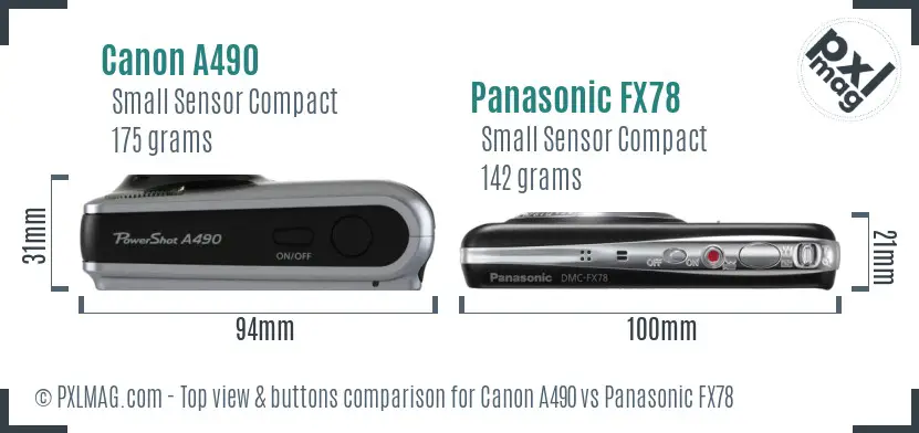 Canon A490 vs Panasonic FX78 top view buttons comparison
