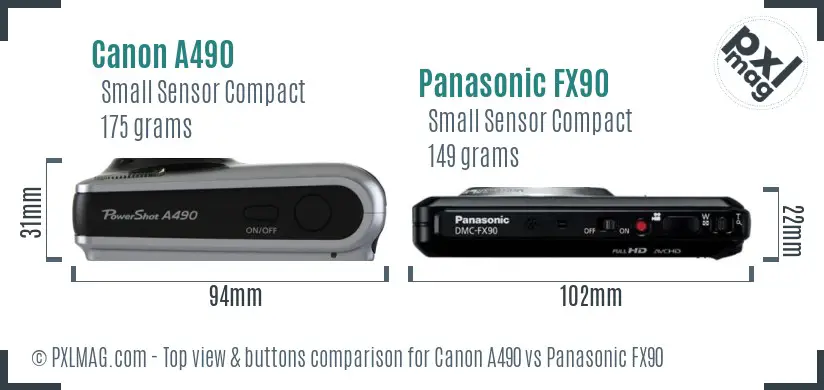 Canon A490 vs Panasonic FX90 top view buttons comparison