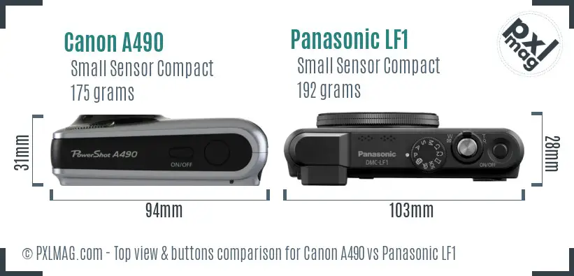 Canon A490 vs Panasonic LF1 top view buttons comparison