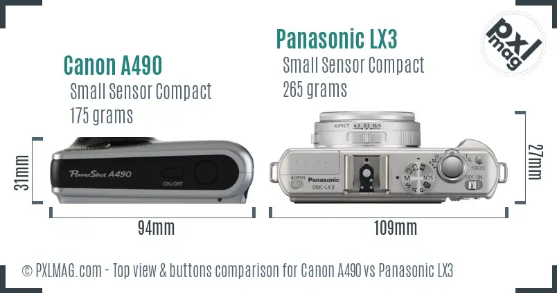 Canon A490 vs Panasonic LX3 top view buttons comparison