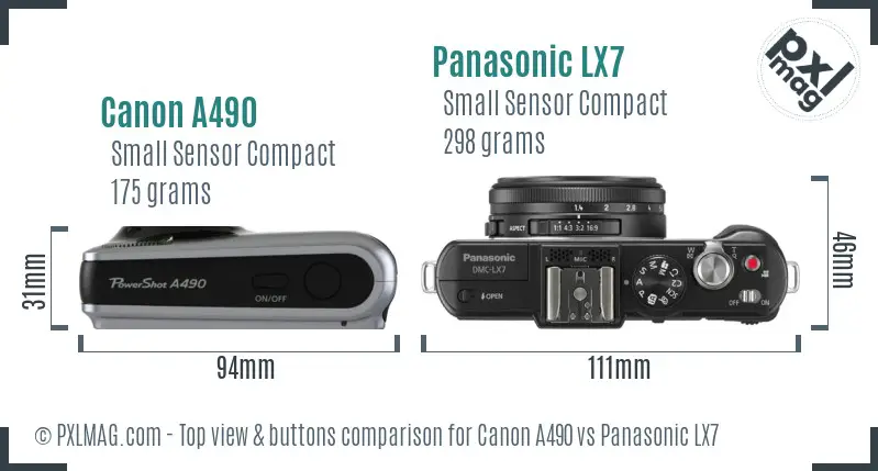 Canon A490 vs Panasonic LX7 top view buttons comparison Canon A490 vs Panasonic LX7 top view buttons comparison
