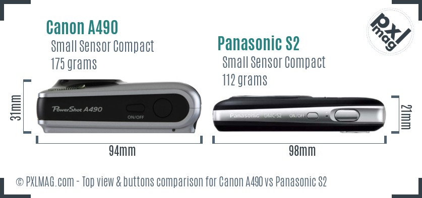 Canon A490 vs Panasonic S2 top view buttons comparison