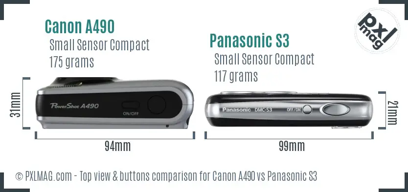 Canon A490 vs Panasonic S3 top view buttons comparison