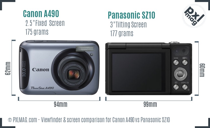 Canon A490 vs Panasonic SZ10 Screen and Viewfinder comparison
