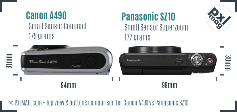 Canon A490 vs Panasonic SZ10 top view buttons comparison