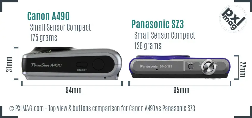 Canon A490 vs Panasonic SZ3 top view buttons comparison