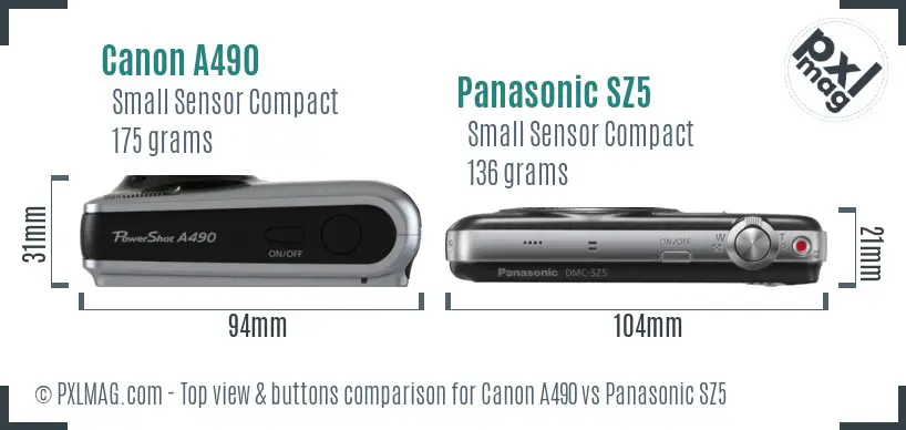 Canon A490 vs Panasonic SZ5 top view buttons comparison Canon A490 vs Panasonic SZ5 top view buttons comparison
