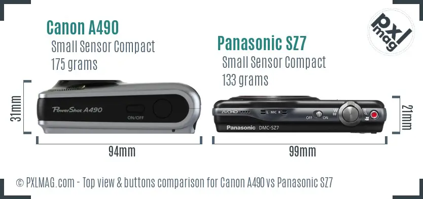 Canon A490 vs Panasonic SZ7 top view buttons comparison