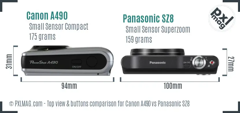 Canon A490 vs Panasonic SZ8 top view buttons comparison