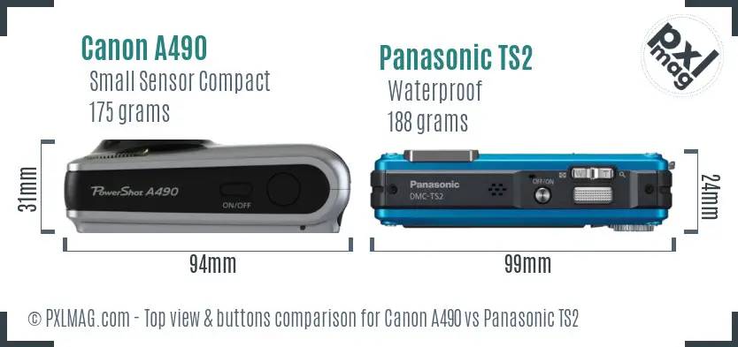 Canon A490 vs Panasonic TS2 top view buttons comparison