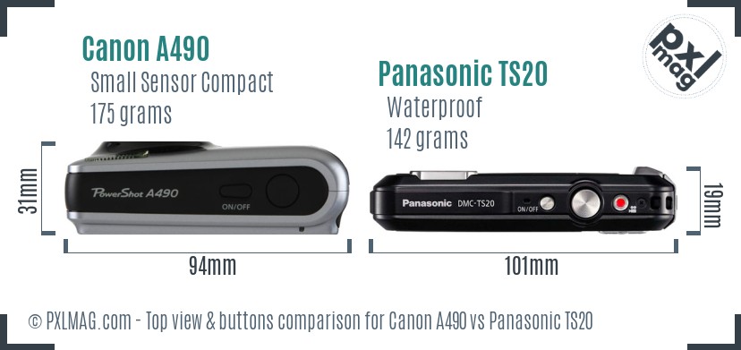 Canon A490 vs Panasonic TS20 top view buttons comparison