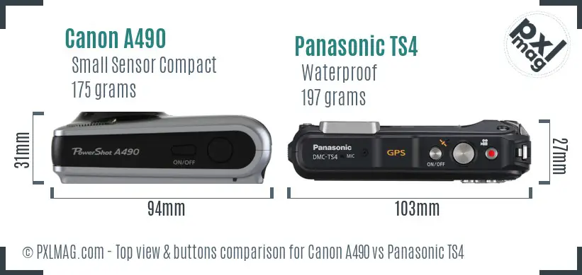 Canon A490 vs Panasonic TS4 top view buttons comparison Canon A490 vs Panasonic TS4 top view buttons comparison