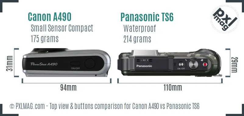 Canon A490 vs Panasonic TS6 top view buttons comparison