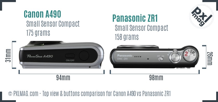 Canon A490 vs Panasonic ZR1 top view buttons comparison