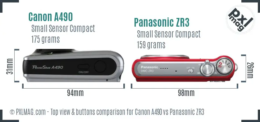 Canon A490 vs Panasonic ZR3 top view buttons comparison Canon A490 vs Panasonic ZR3 top view buttons comparison