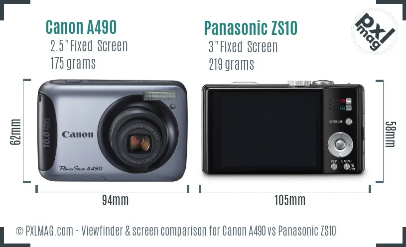 Canon A490 vs Panasonic ZS10 Screen and Viewfinder comparison