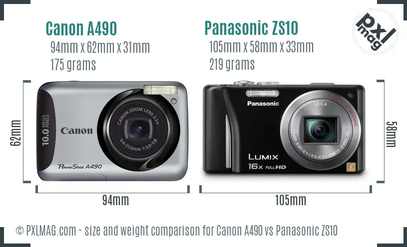 Canon A490 vs Panasonic ZS10 size comparison