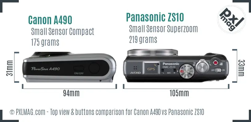 Canon A490 vs Panasonic ZS10 top view buttons comparison