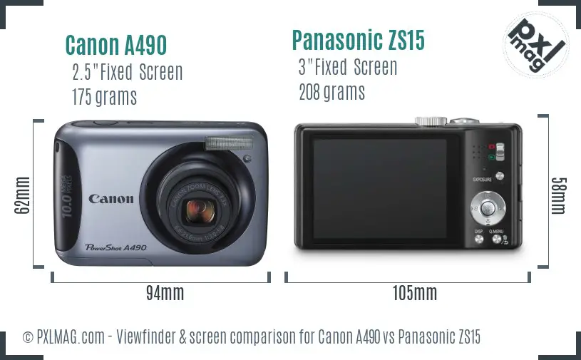 Canon A490 vs Panasonic ZS15 Screen and Viewfinder comparison