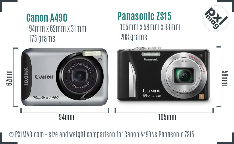 Canon A490 vs Panasonic ZS15 size comparison