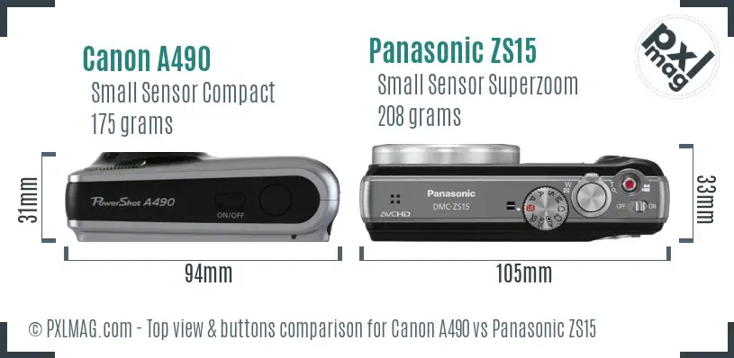 Canon A490 vs Panasonic ZS15 top view buttons comparison