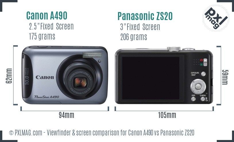 Canon A490 vs Panasonic ZS20 Screen and Viewfinder comparison