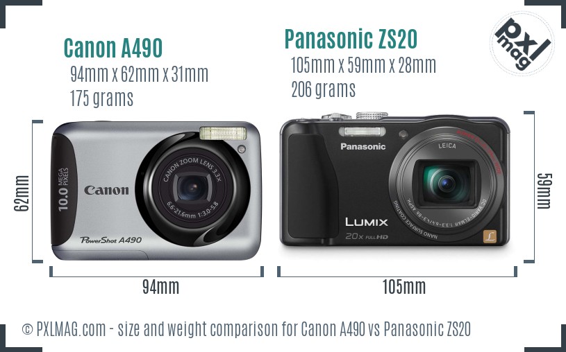 Canon A490 vs Panasonic ZS20 size comparison