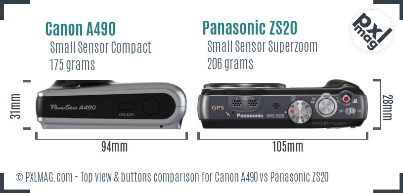 Canon A490 vs Panasonic ZS20 top view buttons comparison