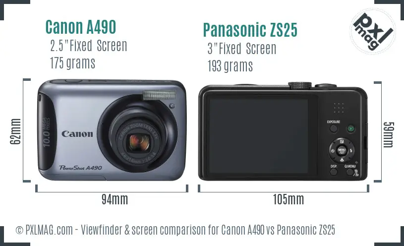 Canon A490 vs Panasonic ZS25 Screen and Viewfinder comparison