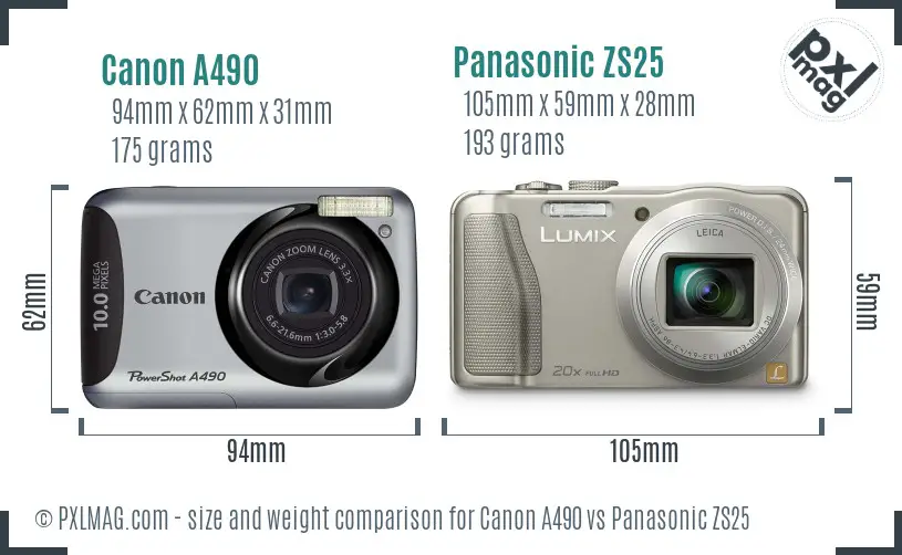 Canon A490 vs Panasonic ZS25 size comparison