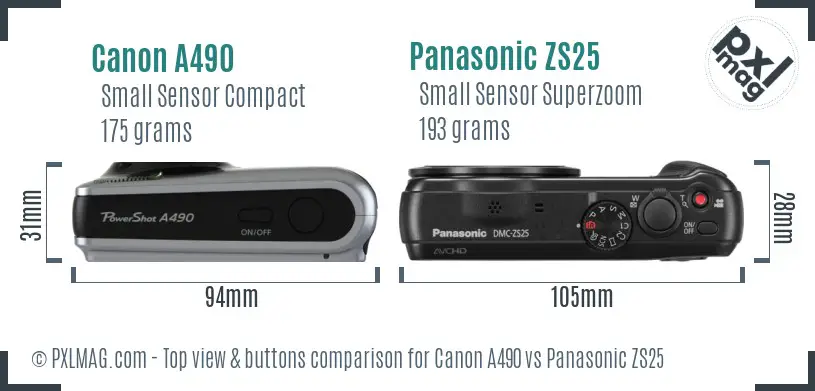 Canon A490 vs Panasonic ZS25 top view buttons comparison