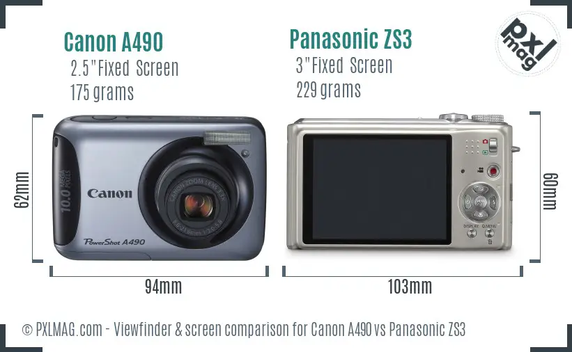 Canon A490 vs Panasonic ZS3 Screen and Viewfinder comparison Canon A490 vs Panasonic ZS3 Screen and Viewfinder comparison