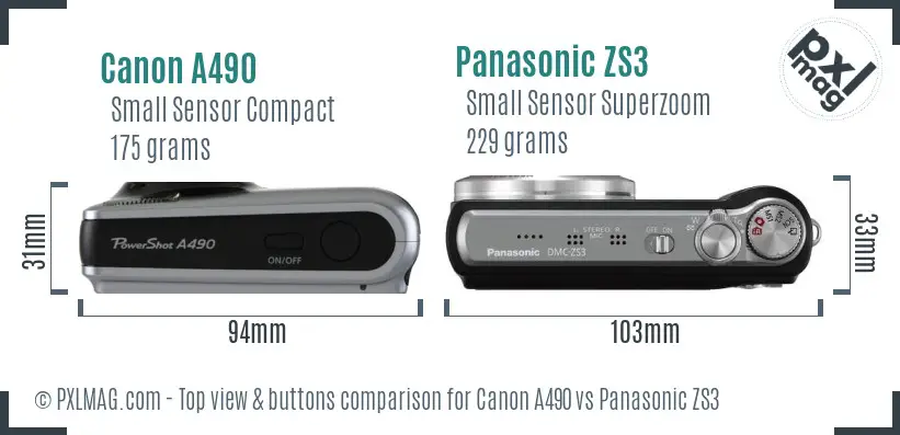 Canon A490 vs Panasonic ZS3 top view buttons comparison Canon A490 vs Panasonic ZS3 top view buttons comparison