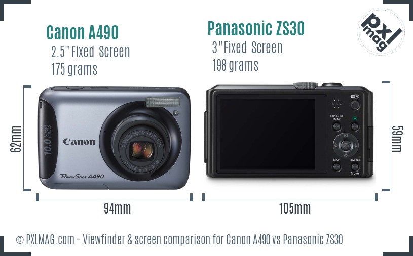 Canon A490 vs Panasonic ZS30 Screen and Viewfinder comparison