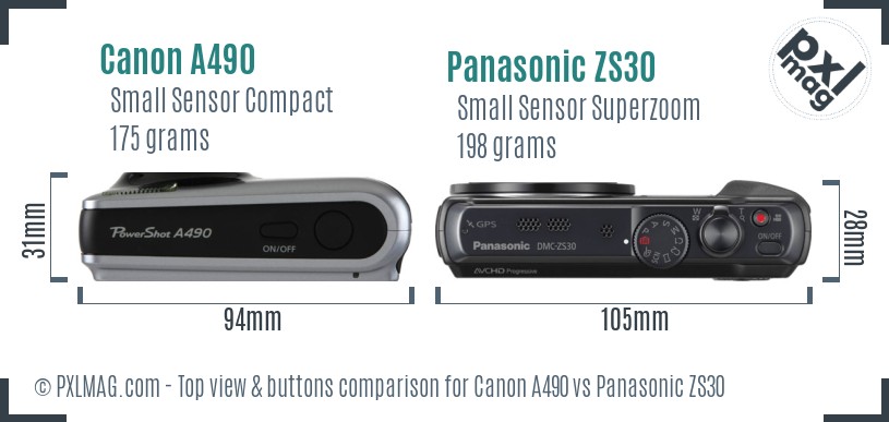 Canon A490 vs Panasonic ZS30 top view buttons comparison