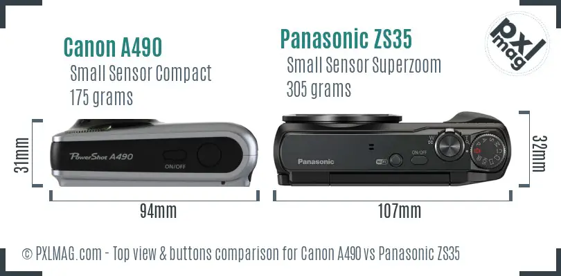 Canon A490 vs Panasonic ZS35 top view buttons comparison Canon A490 vs Panasonic ZS35 top view buttons comparison