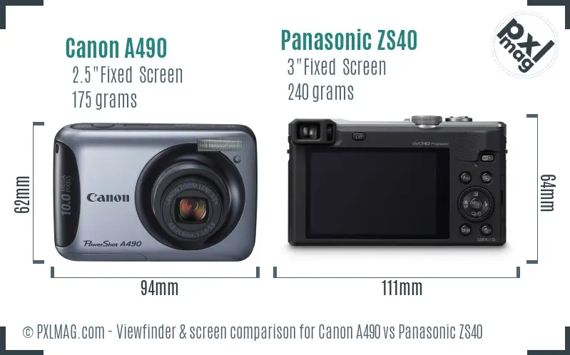 Canon A490 vs Panasonic ZS40 Screen and Viewfinder comparison